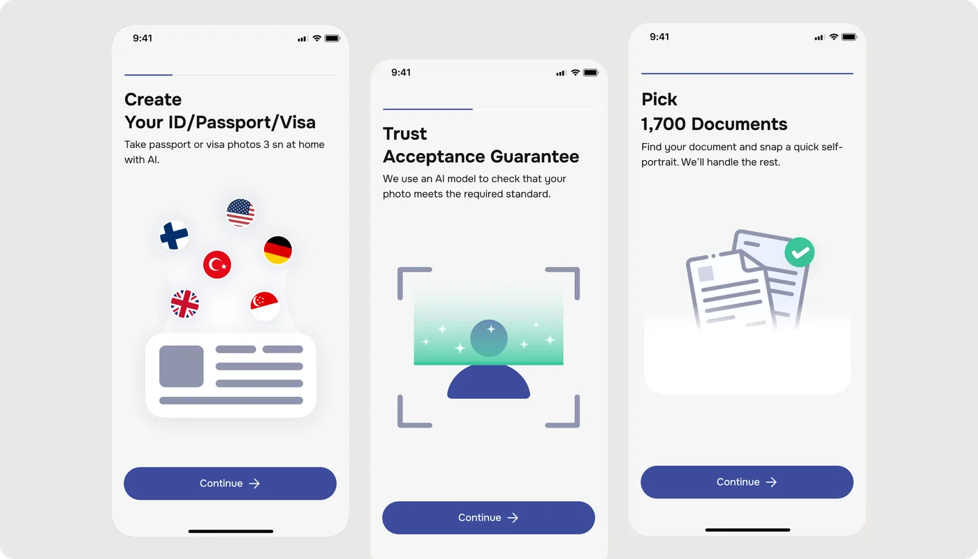 PassPhoto onboarding screens