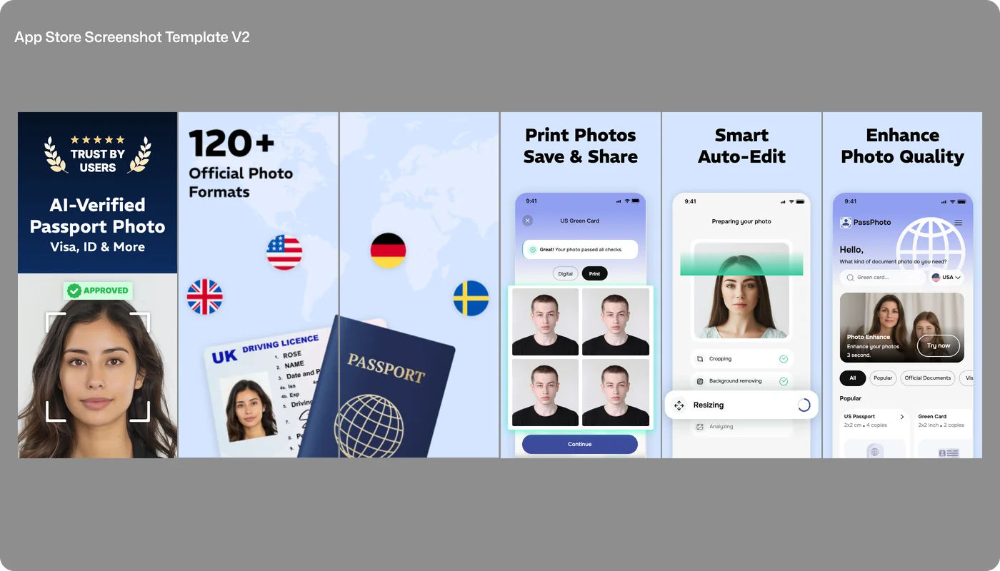 PassPhoto App Store screenshots, version 2