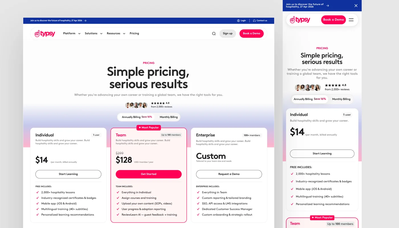 Typsy pricing page with Individual, Team and Enterprise plans on desktop and mobile
