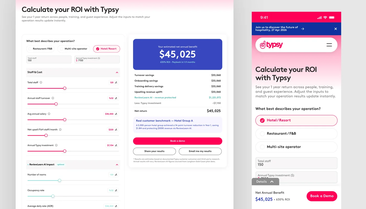 Typsy ROI calculator on desktop and mobile