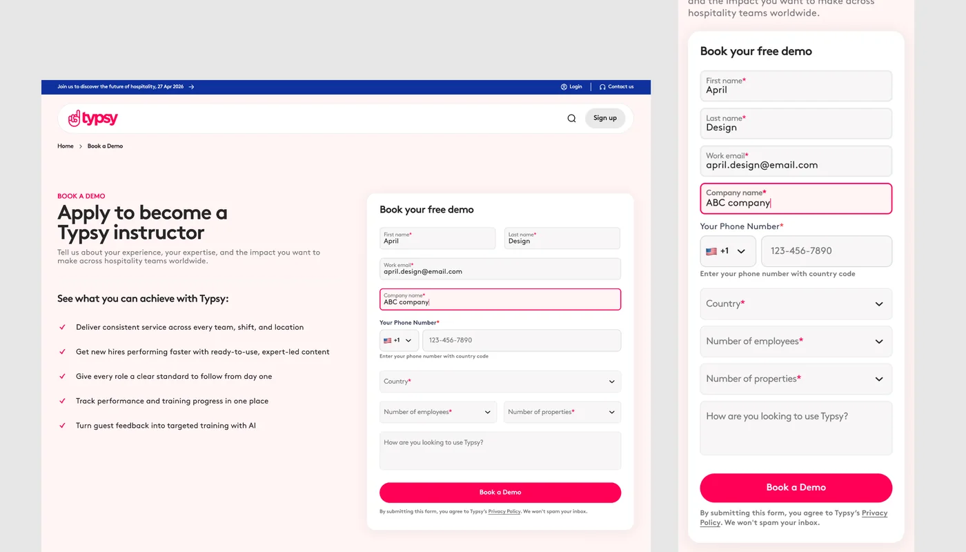 Typsy instructor application and demo booking forms