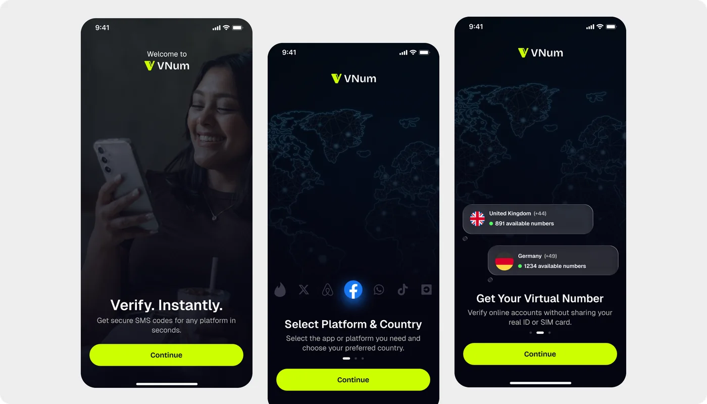 VNum onboarding, verify instantly, select platform and country, get a virtual number