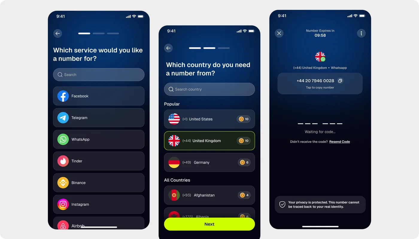 VNum service and country selection and waiting-for-code screens
