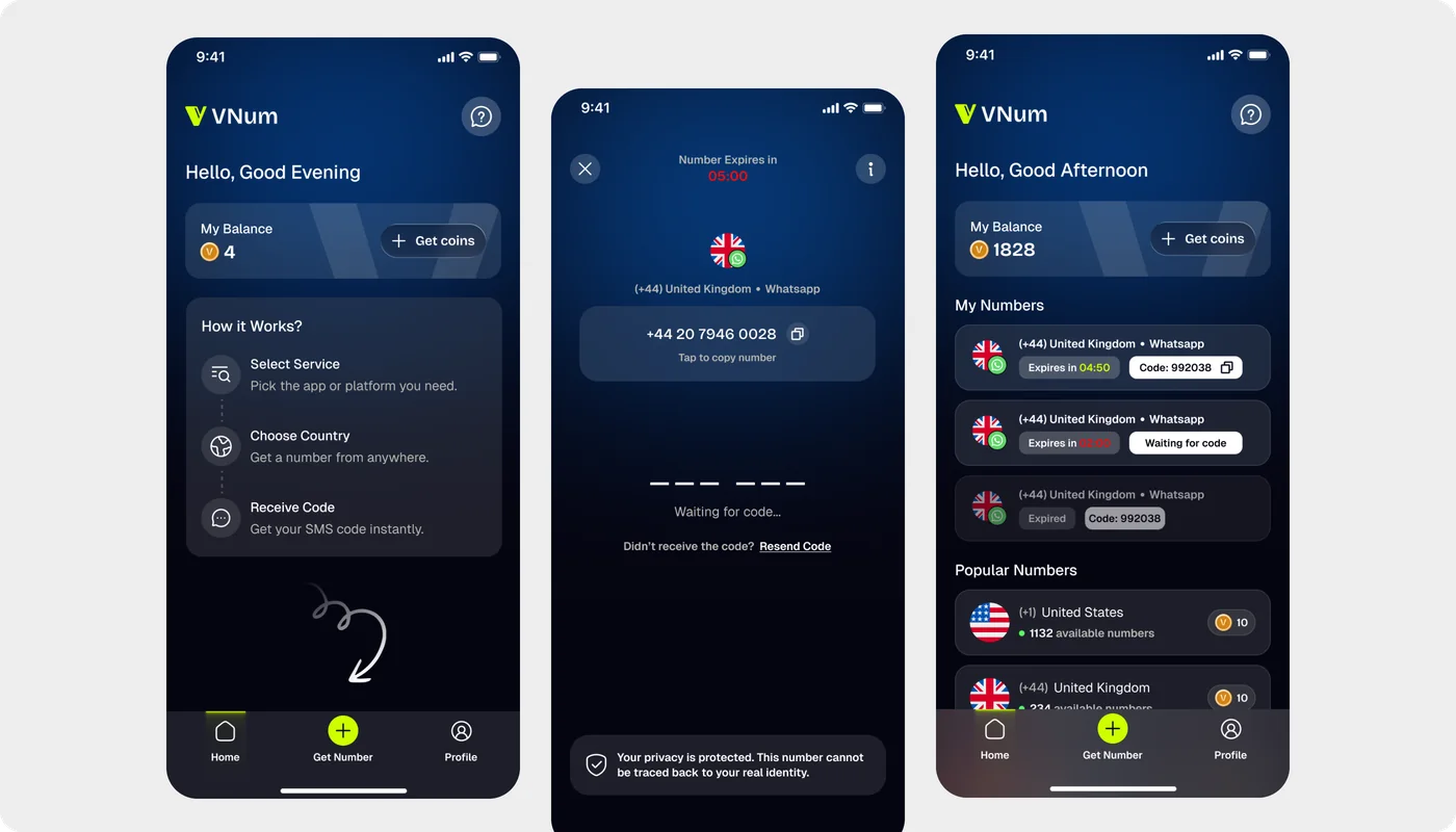 VNum home, how it works and active numbers screens