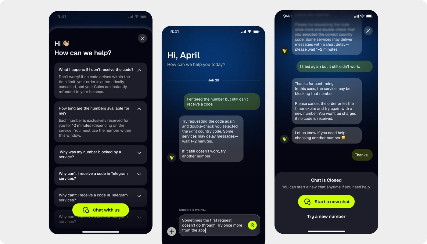 VNum support chat screens